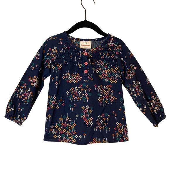 Hanna Andersson Cotton Dark Blue Geometric Floral Long Sleeve Button Shirt Top - Picture 1 of 7